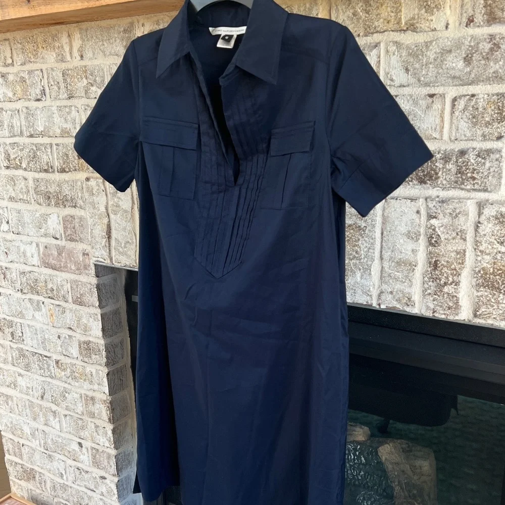 Diane Von Furstenberg Dress Navy Blue Short Sleeve Shirt Dress 6 DVF Designer - Picture 2 of 14